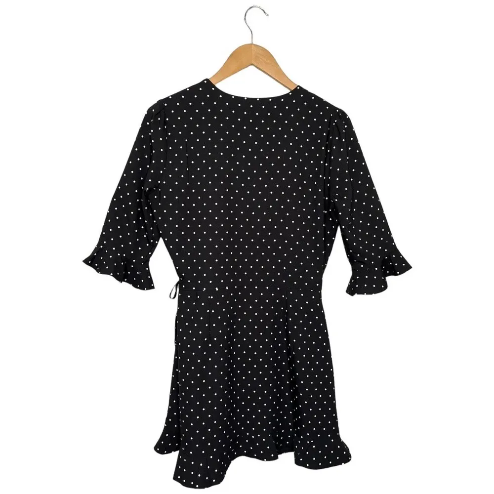 Loft Polka Dot Romper Dress Playsuit Ruffle Faux Wrap Half Sleeve Black 4P - Image 6