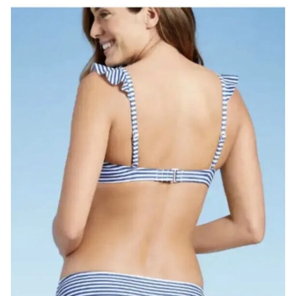 Kona Sol Ruffle Tie-Front Bikini Top - Blue Stripe Women's D/DD NWT - Image 2