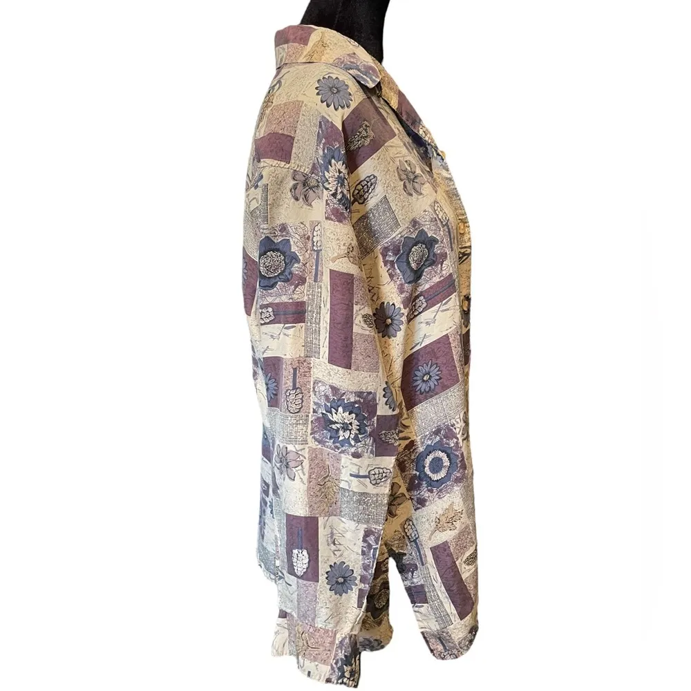 Stunt Vintage Silk Geometric Patchwork Autumn Fall Leaf Floral Button Up Top - Image 4