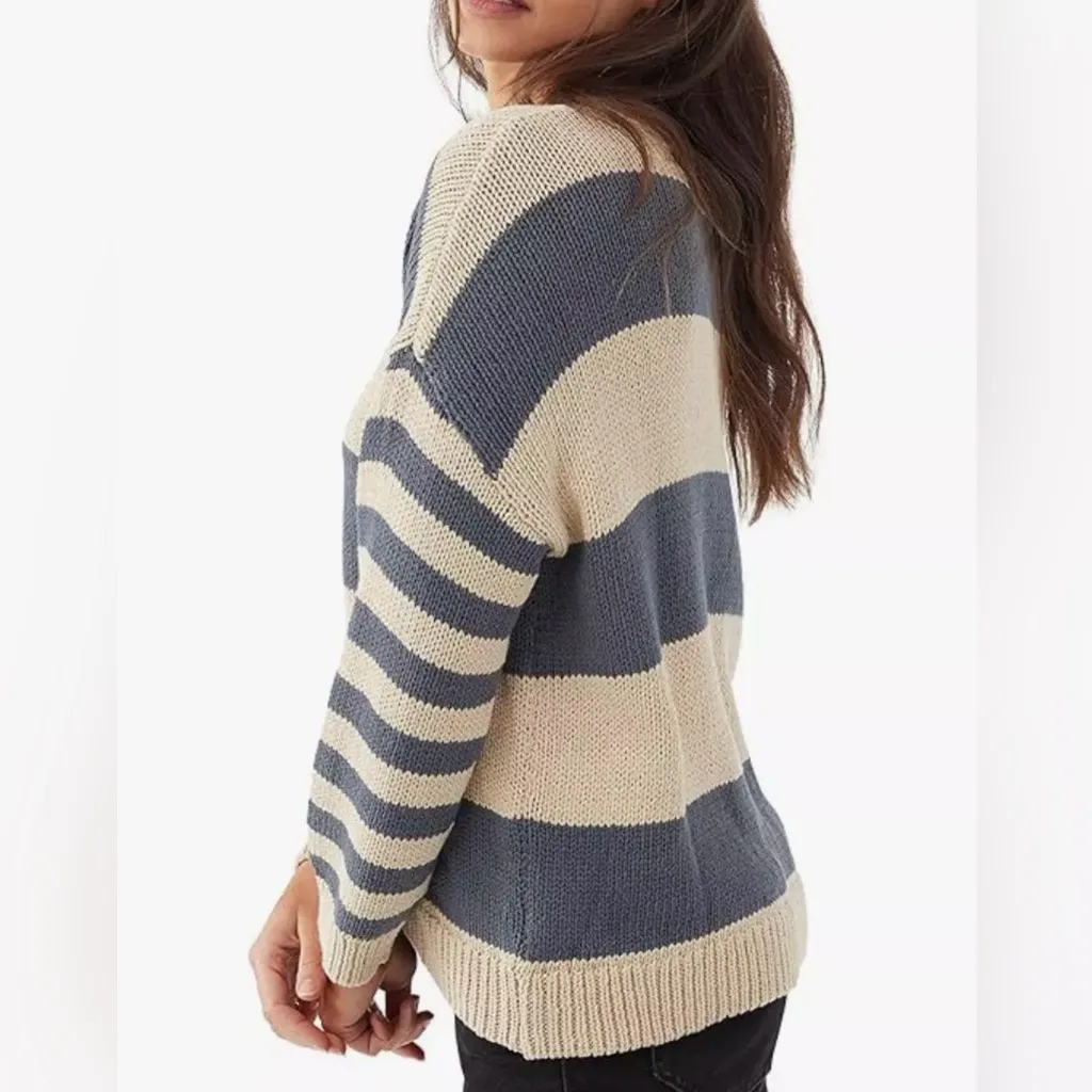 O'Neill Sweater Womens Size L Blue Cream Stripe‎ Crochet Y2K Beachy Coastal Boho - Image 2