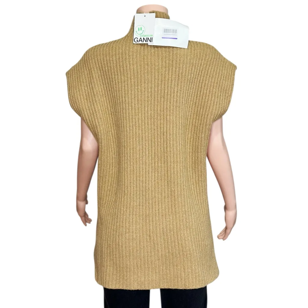 GANNI Rib Knit Mockneck Wool-Blend Sweater, Camel, Medium - Image 9