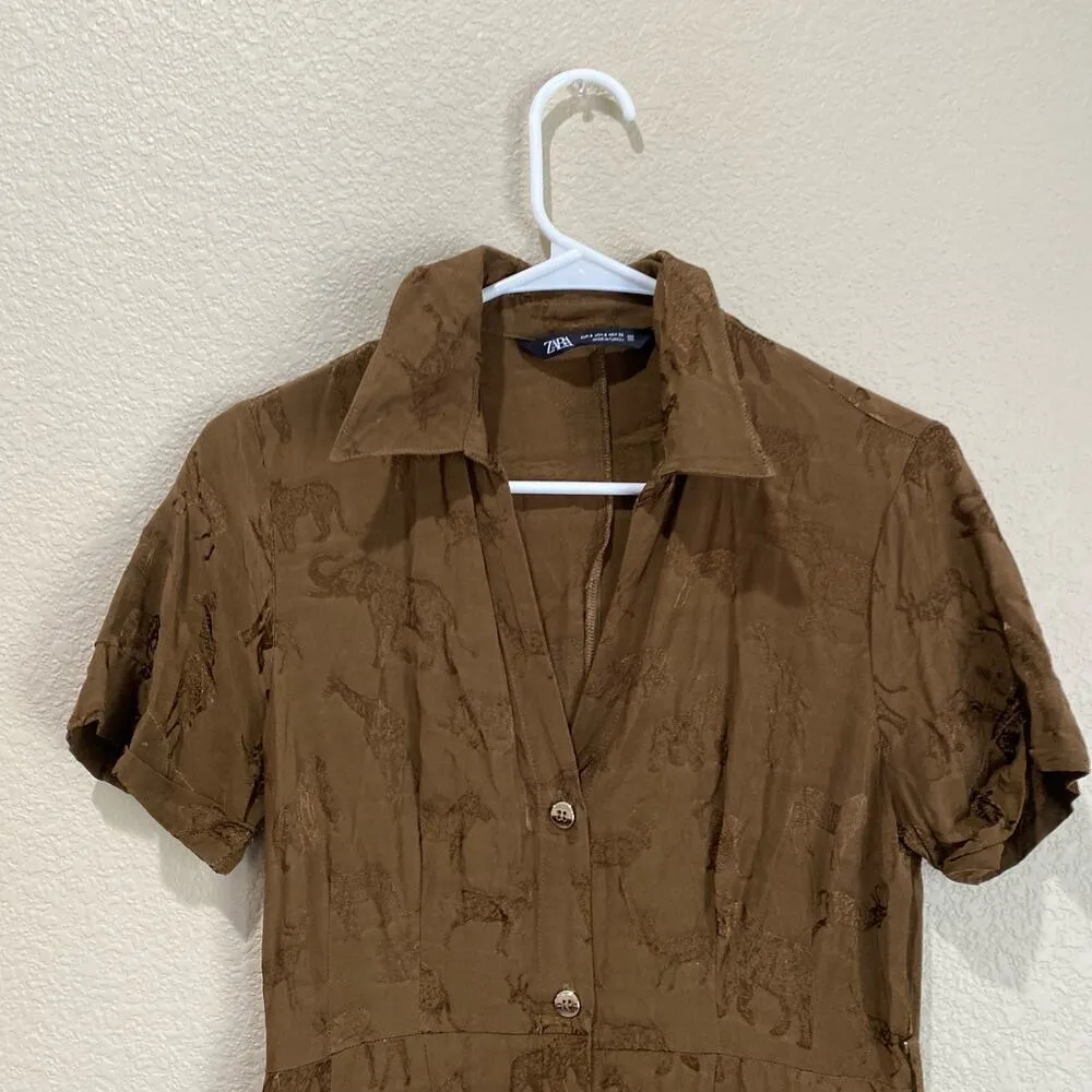 ZARA Brown Animal Novelty Print Satin Dress Size Small Safari Collared Summer - Image 5
