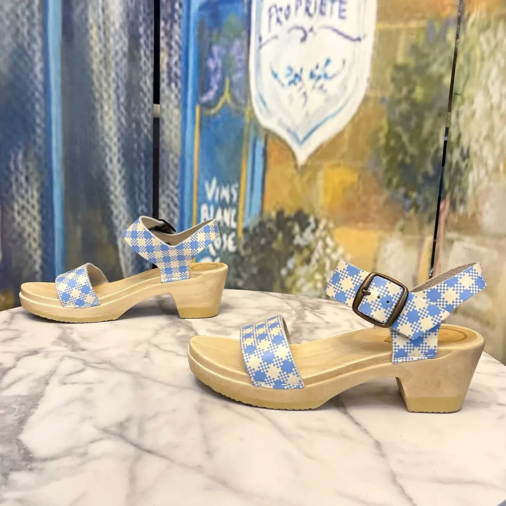 No.6 Two Strap Mid Heel Clog Powder Blue Gingham Leather 38 EUC Size 7 - Image 5