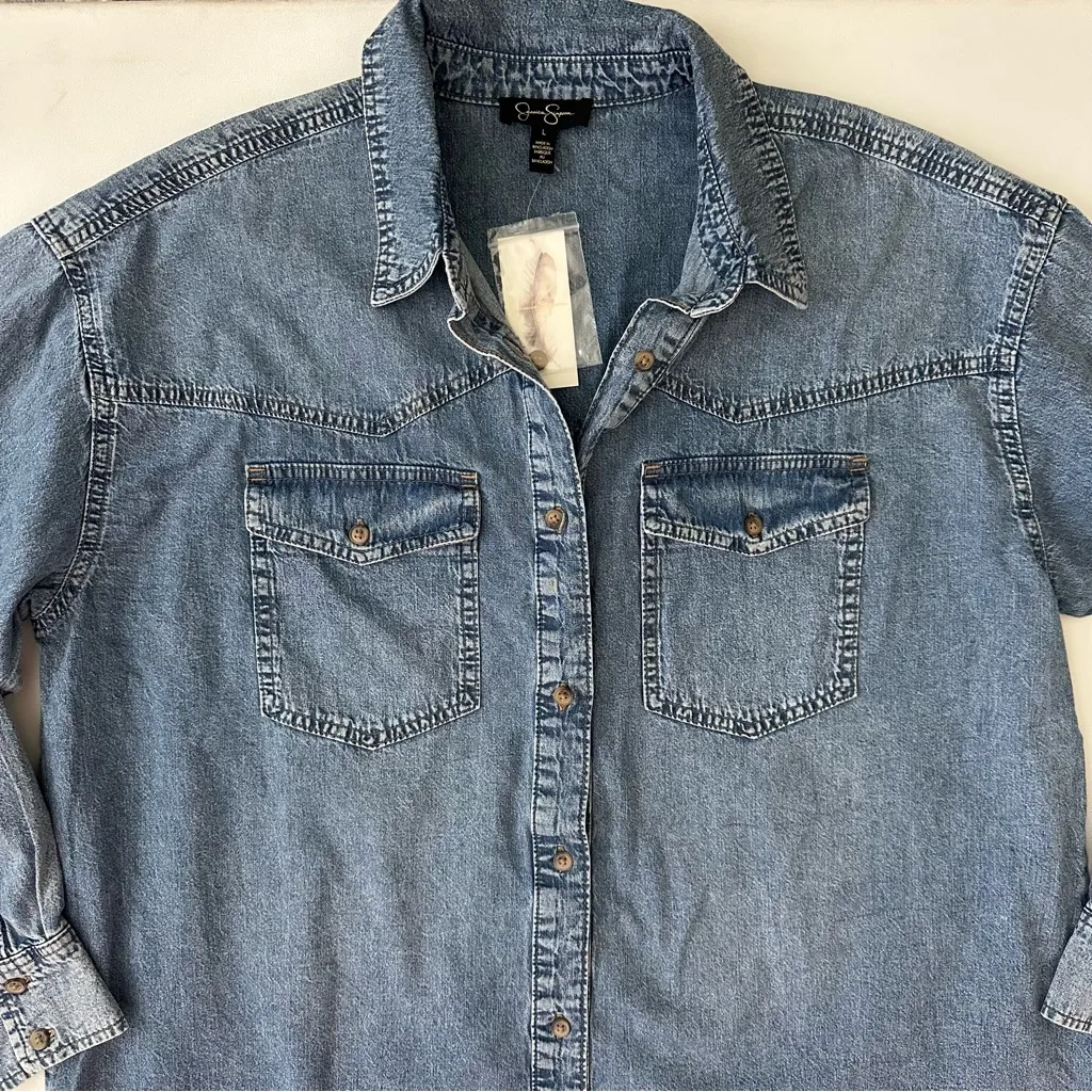 Jessica Simpson Blue Denim Button-Up Shirt Size L - Image 2