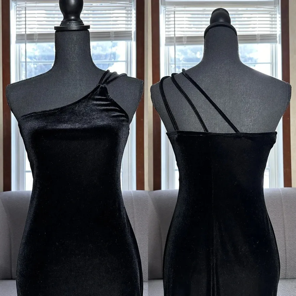 Jump Vintage 90s Velvet One-Shoulder Bodycon Mini Dress Black Whimsy Goth Size 9 - Image 3