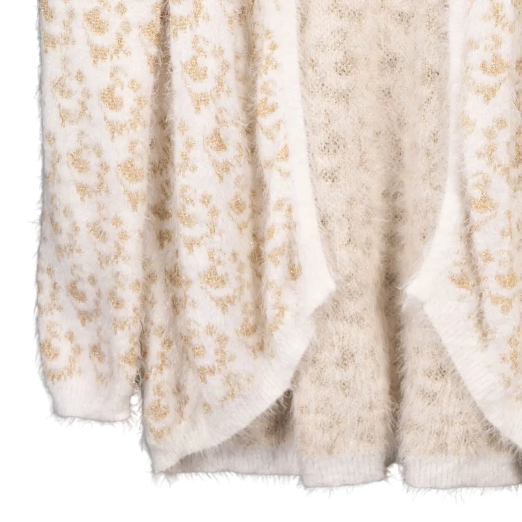 Xoxo Fuzzy Leopard Print Cardigan Sweater XL White Gold Eyelash Long Lurex - Image 3