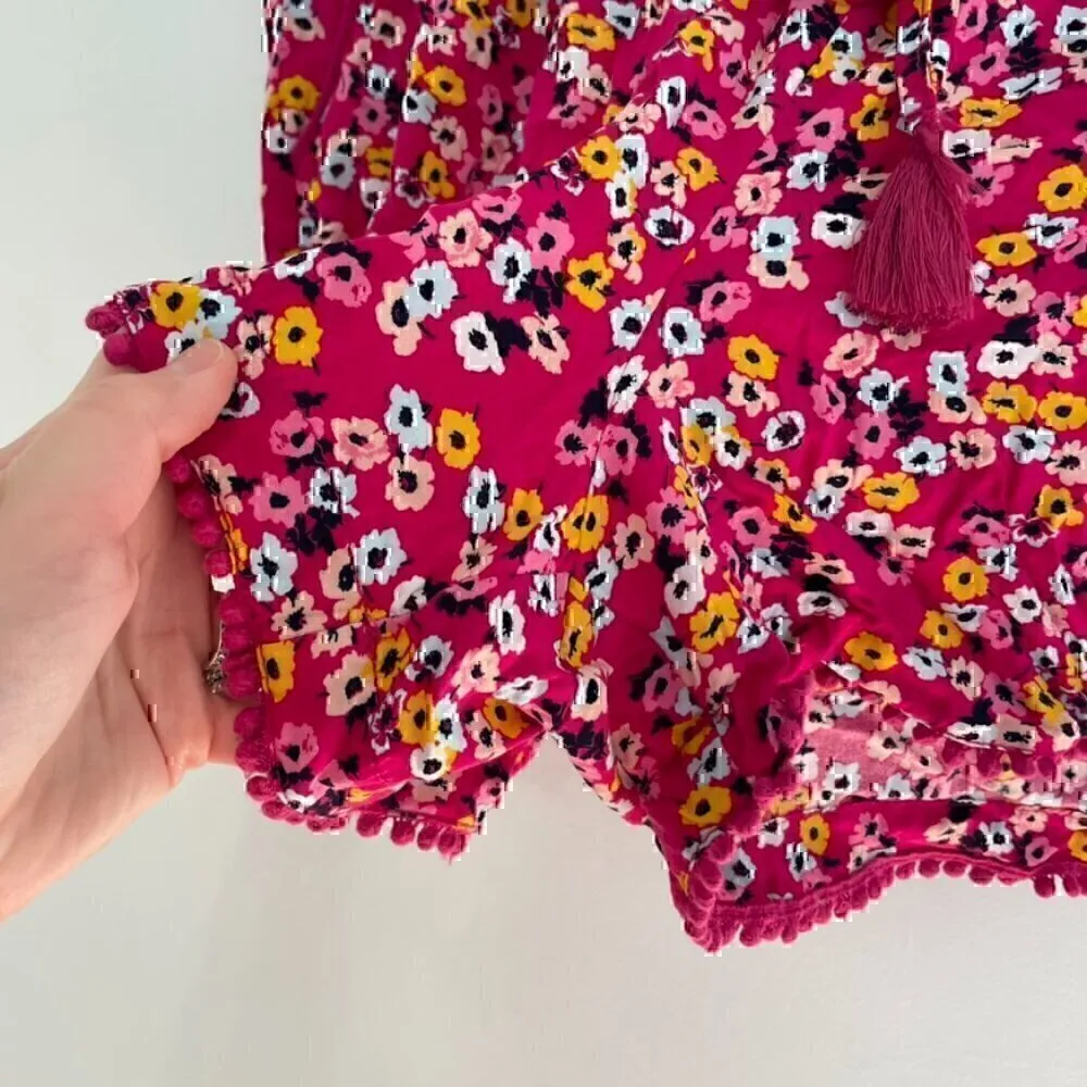 A.N.A Magenta Pink Blue Mustard Floral Pull On Drawstring Pom Pom Trim Shorts L - Image 5
