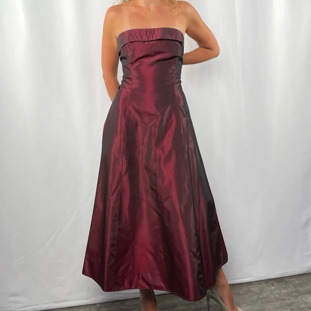 Jessica McClintock for Gunne Sax Strapless Midi Dress Gown in‎ Maroon Size 9 - Image 3