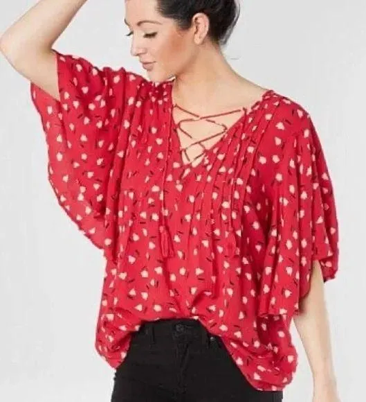 Billabong Red Floral Flare Tie Neck Blouse Size Large - Image 2