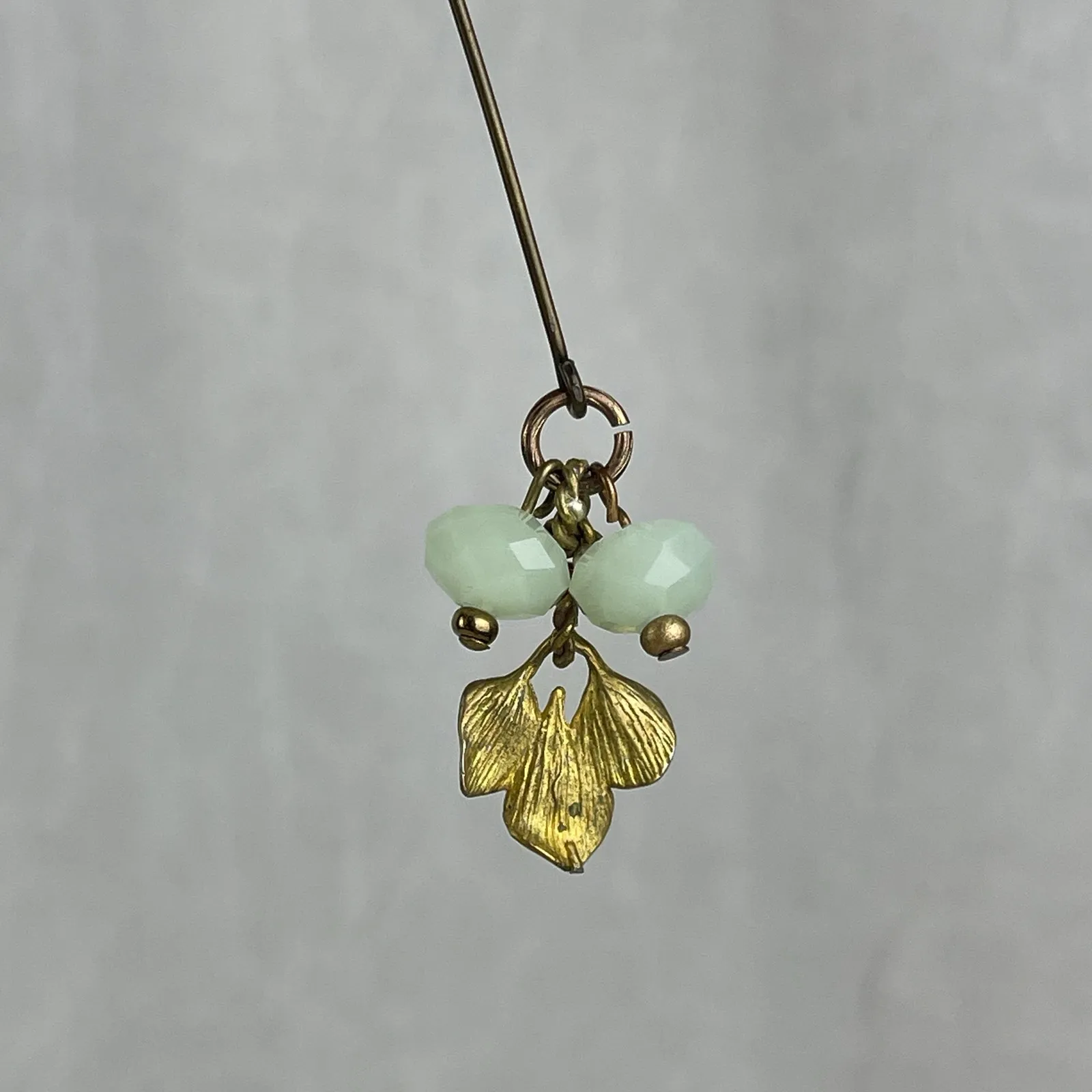 Brass Gold Tone Stick Pin Leaves Charm Mint Green Faceted Dangling Beads - Image 6
