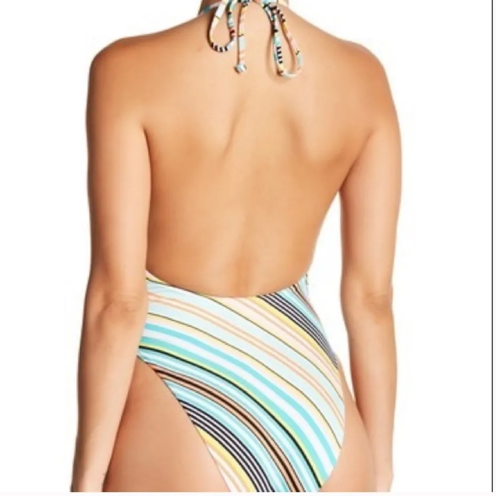 New Bikini Lab Small Blue, Orange Asymmetrical Plunge Halter One Piece Swim Suit - Image 3