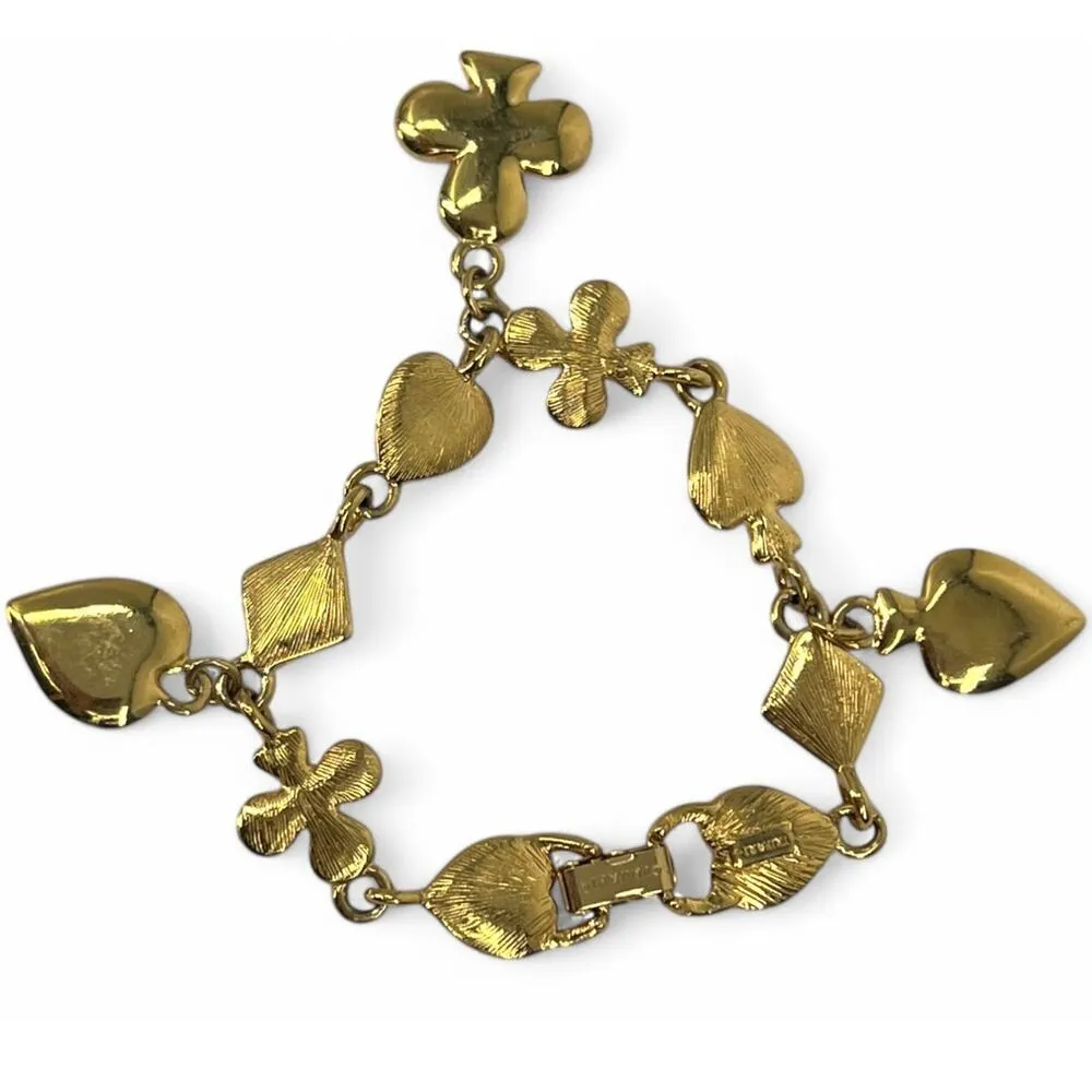 Vintage Trifari Black Enamel Club Spade Heart Gold Tone 7.5" Charm Bracelet 70's - Image 3