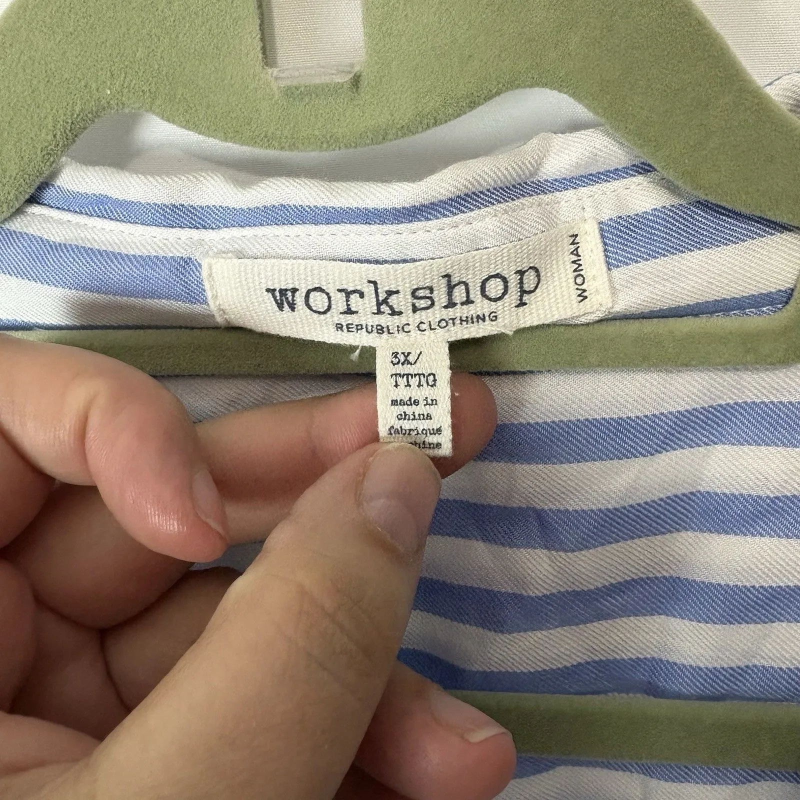 Workshop Women’s Striped Rayon Lyocell Top 3X Button Down Roll Tab Sleeve Blue - Image 4