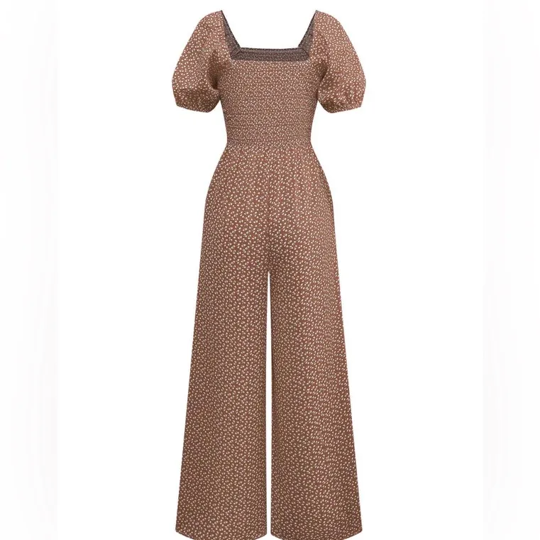 Elegant Women Square Neck Jumpsuit With Puff Sleeve And Wide Leg Design Brown Size L - Image 2