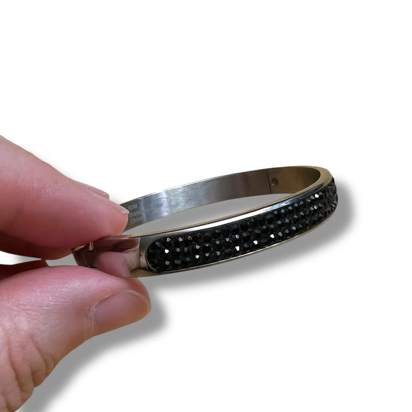Vintage JCM Silver Stainless Steel Bangle Bracelet with Black Crystal Accents - Image 2