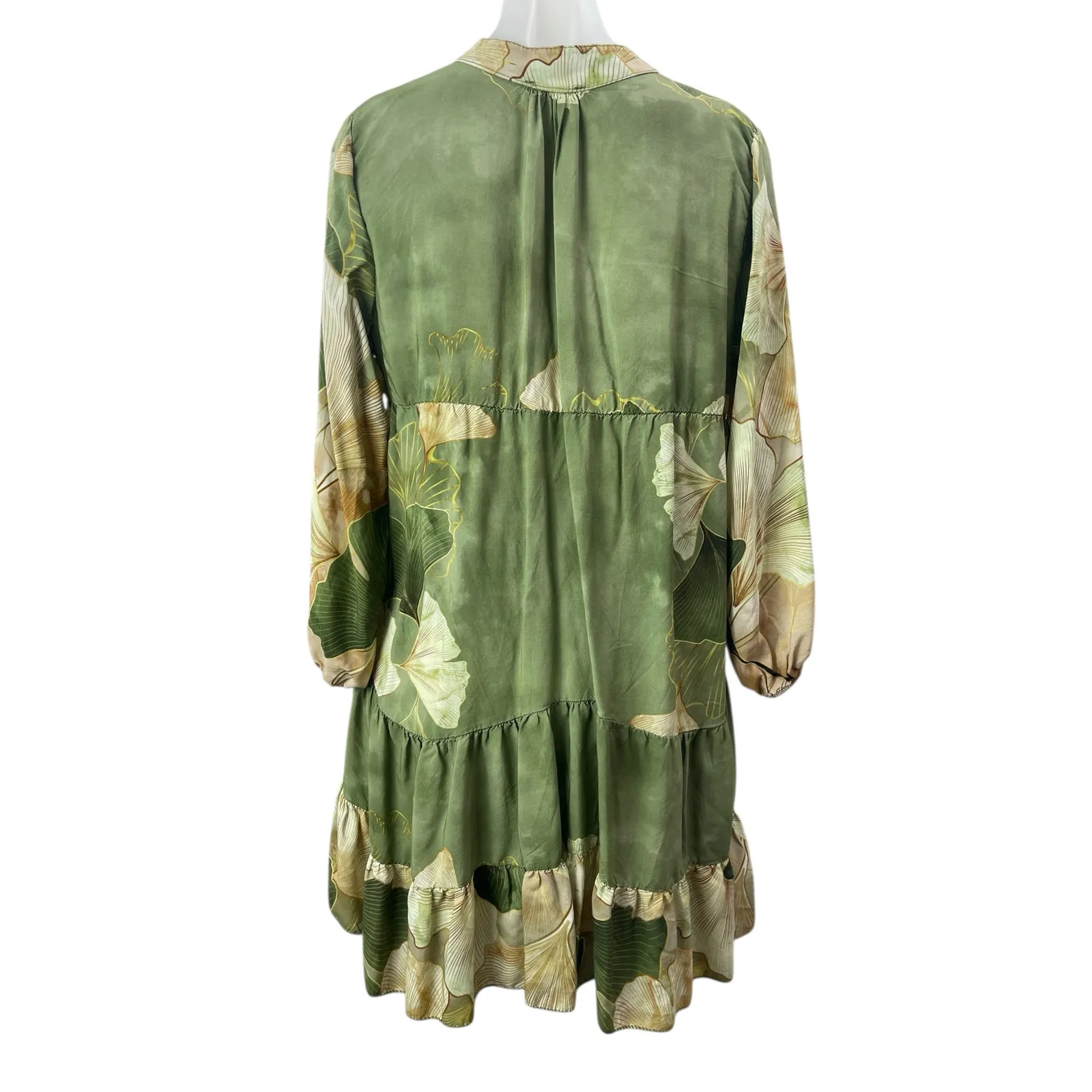 Women's Green Floral Long Sleeve Tiered Ruffle Button Up Shirt Mini Dress S/M - Image 2