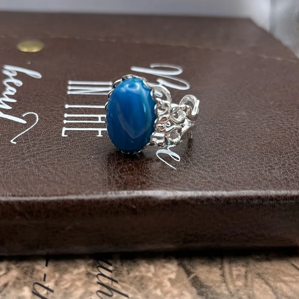 Handcrafted Deep Blue Swirled Agate Oval Cabochon Stainless Steel Open Back Ring - Image 3