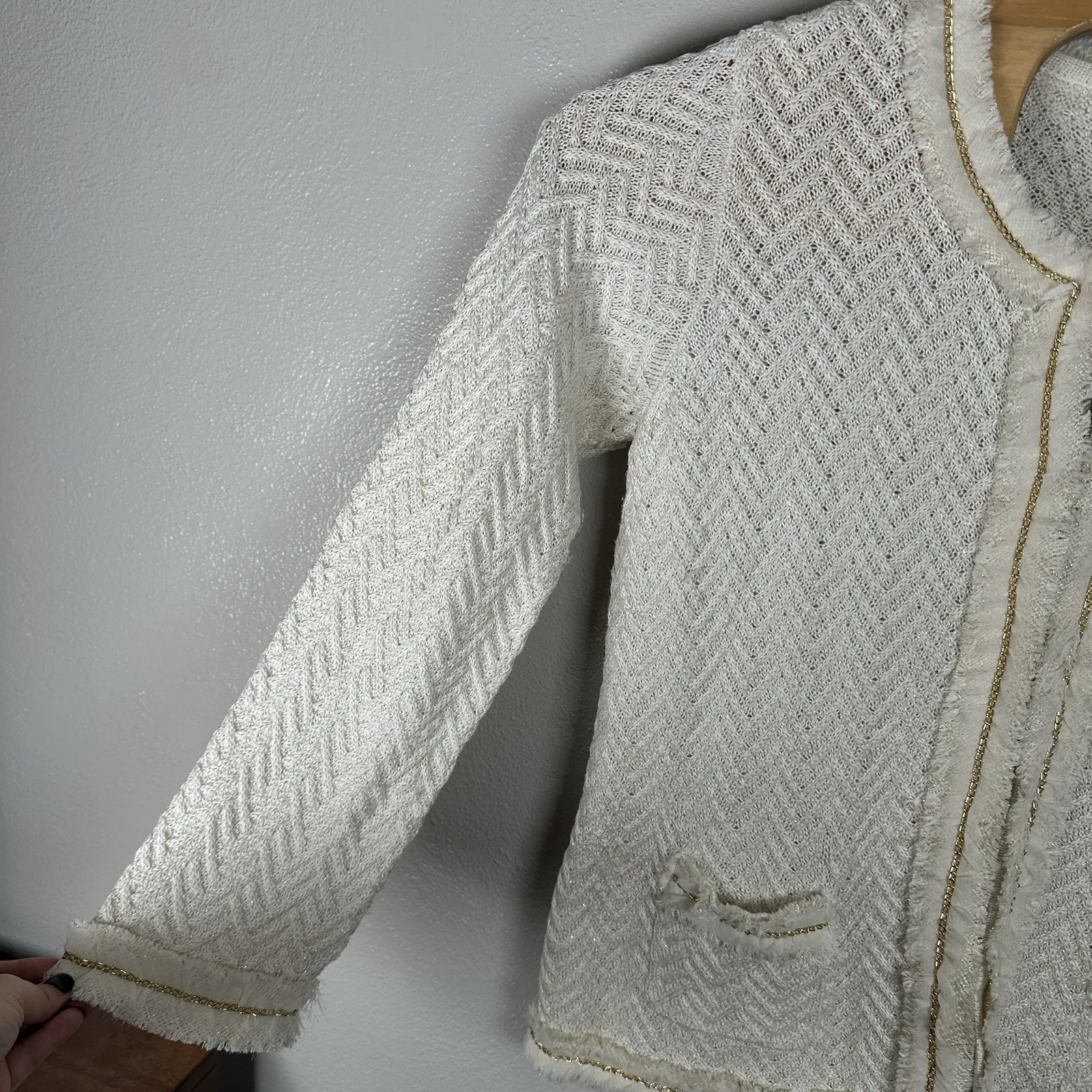 Chicos Womens Size 3/XL Ivory Metallic Cardigan Jacket Chain Detail Cotton Blend - Image 3