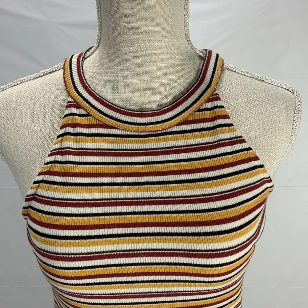 1. State Striped Yellow Halter Style Neck Ribbed Tank Top Size Medium - Image 2