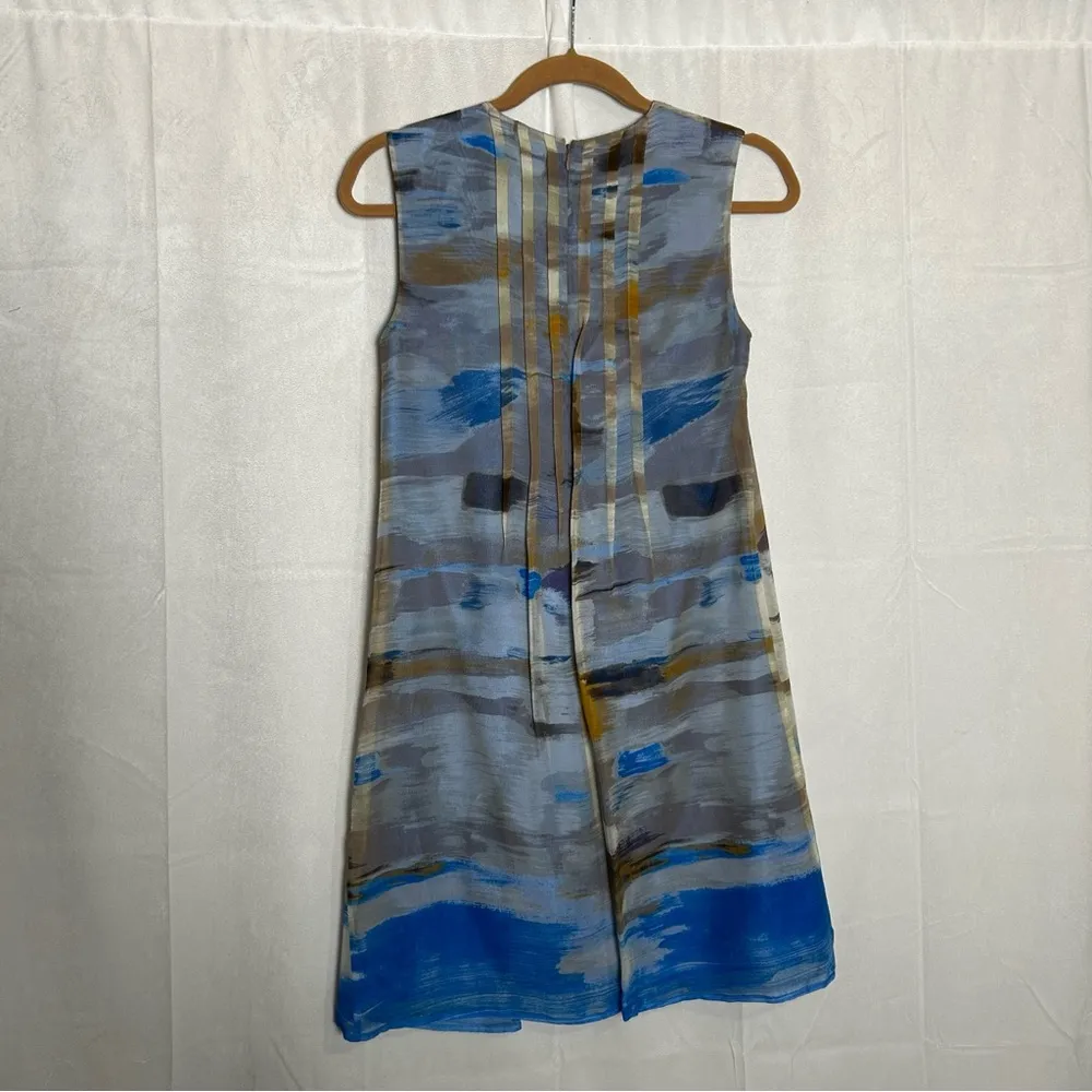 Calvin Klein 100% Silk Blue Tan Abstract Watercolor Sleeveless Pleated Dress 2 - Image 2