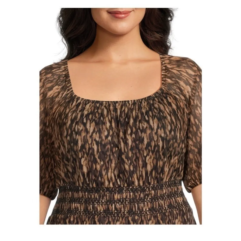 Terra & Sky Smocked Dress Womens 4X Square Neck Brush Marks Brown Latte NWT - Image 5