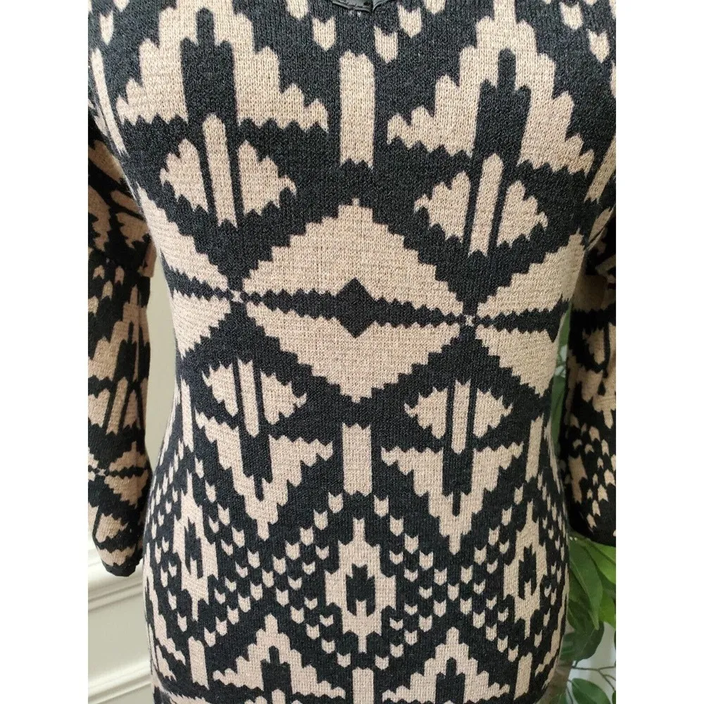 Fab'rik Beige & Black Polyester V-Neck Half Sleeve Geo Print Dress Small - Image 3