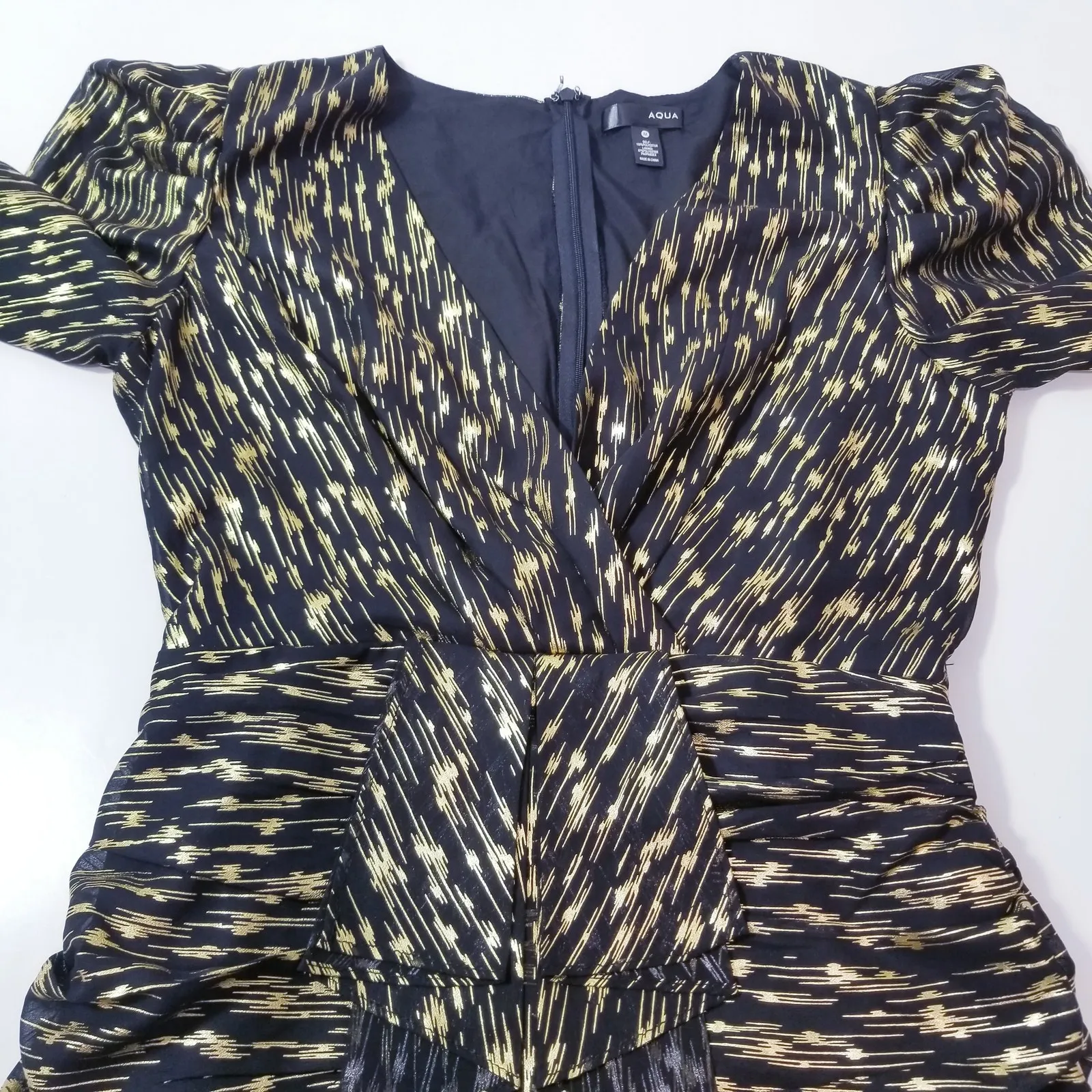 Aqua Black & Gold Metallic Jacquard Mini Dress Puff Sleeves V-Neck Long Sleeves - Image 9