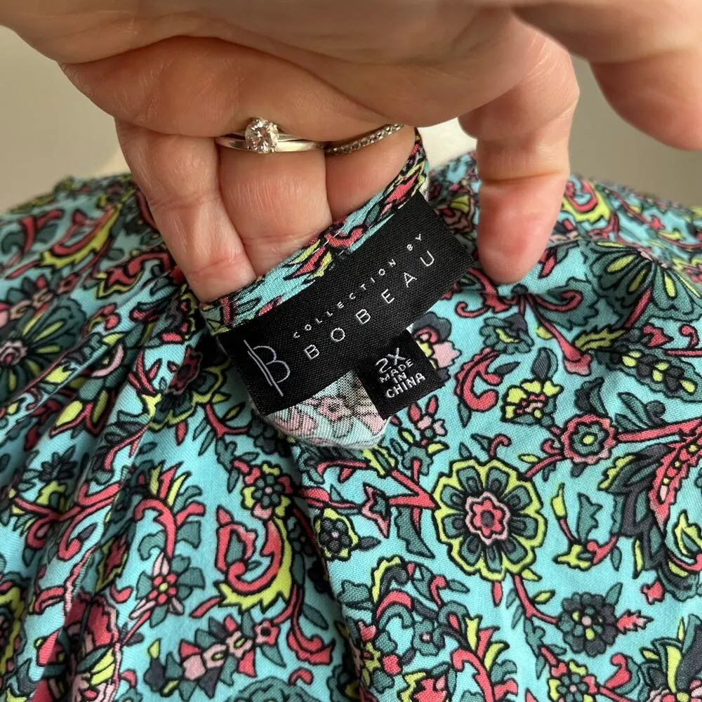 Bobeau Blue Floral Waist Tie Midi Dress Size 2X - Image 6