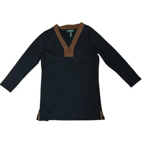 Lauren Ralph Lauren Black Knit Tunic Top Blouse  MEDIUM Designer Business Casual - Image 2