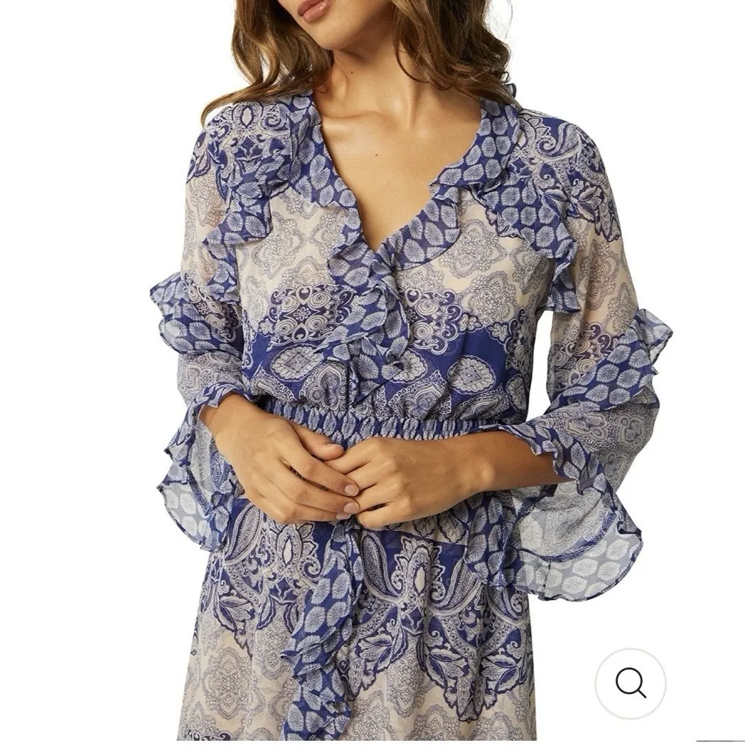 MISA Blue Majorelle Mixed Tile Farah Ruffle Boho Hi Low Maxi Dress MEDIUM - Image 2