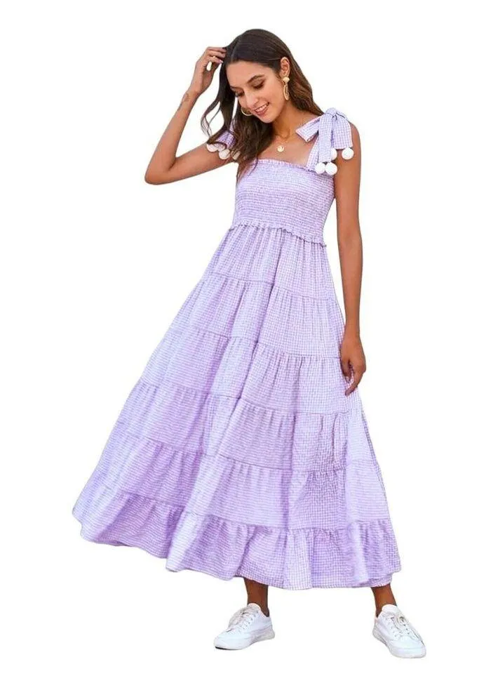 Womens Purple Gingham Tie Shoulder Tiered Maxi Dress Size S Spring Summer Beach - Image 6
