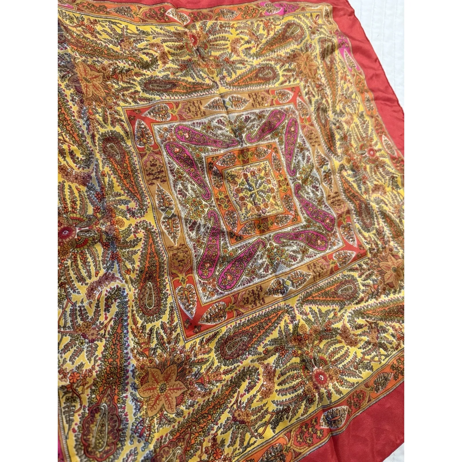 LIBERTY OF LONDON Scarf Geometric Paisley Silk Square Vintage Red Pink Gold - Image 7