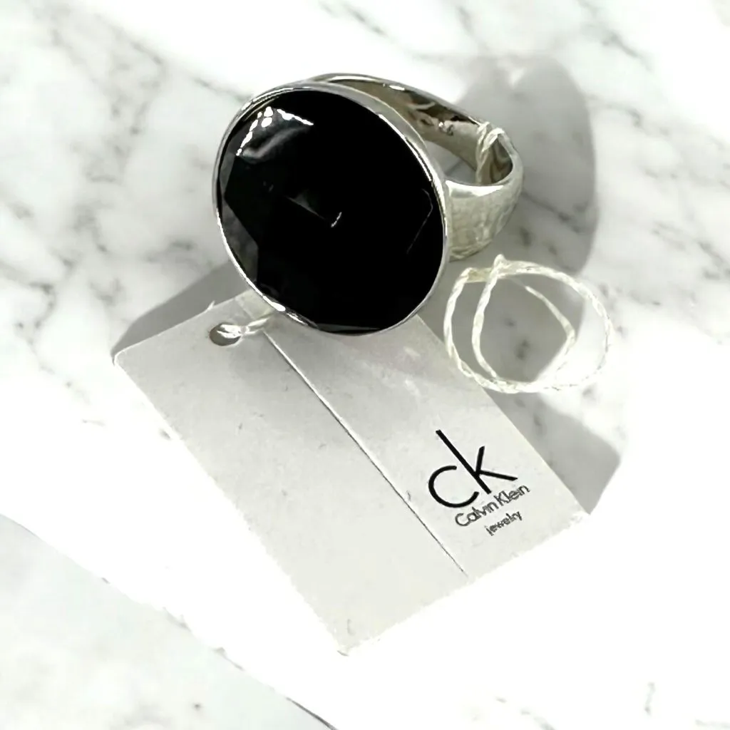 NWT Calvin Klein Faceted Black Stone Silver Statement Ring Size 6 - Image 2