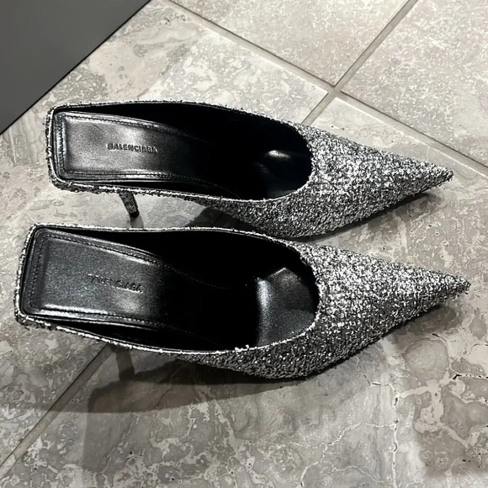 Balenciaga Knife Glitter High Heel Mules in Silver Titanium Size 36 New in Box - Image 6