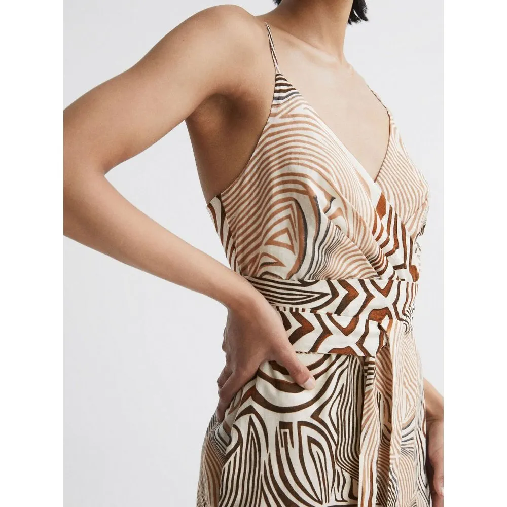 REISS Rosie Animal Print Belted Woven Midi Dress Brown Womens Size 2 - Image 5