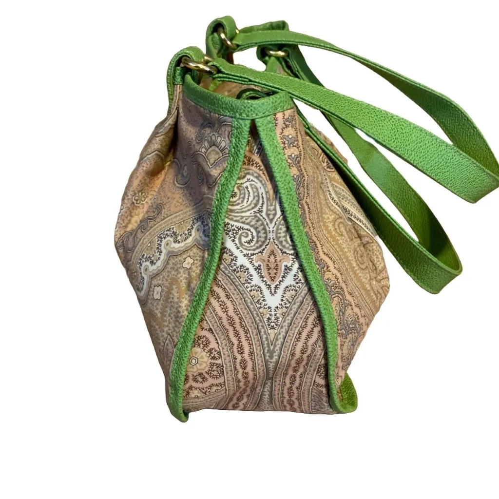 ETRO GREEN FAUX LEATHER TRIM W/TAN & GRAY COTTON PAISLEY PRINT BODY SATCHEL BAG - Image 5