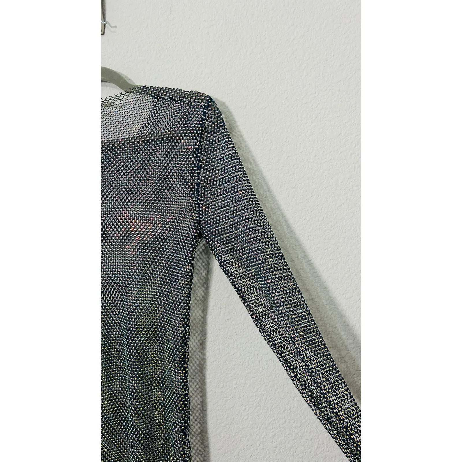 NEW Free People Women's Navy Filter Finish Long Sleeve Metallic Mesh Small Punk - Image 8