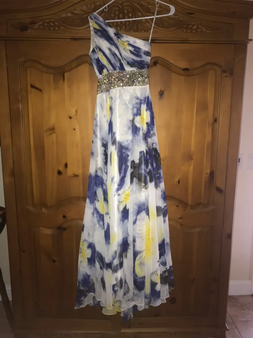 Purple/yellow Watercolor Formal Dress - Image 2