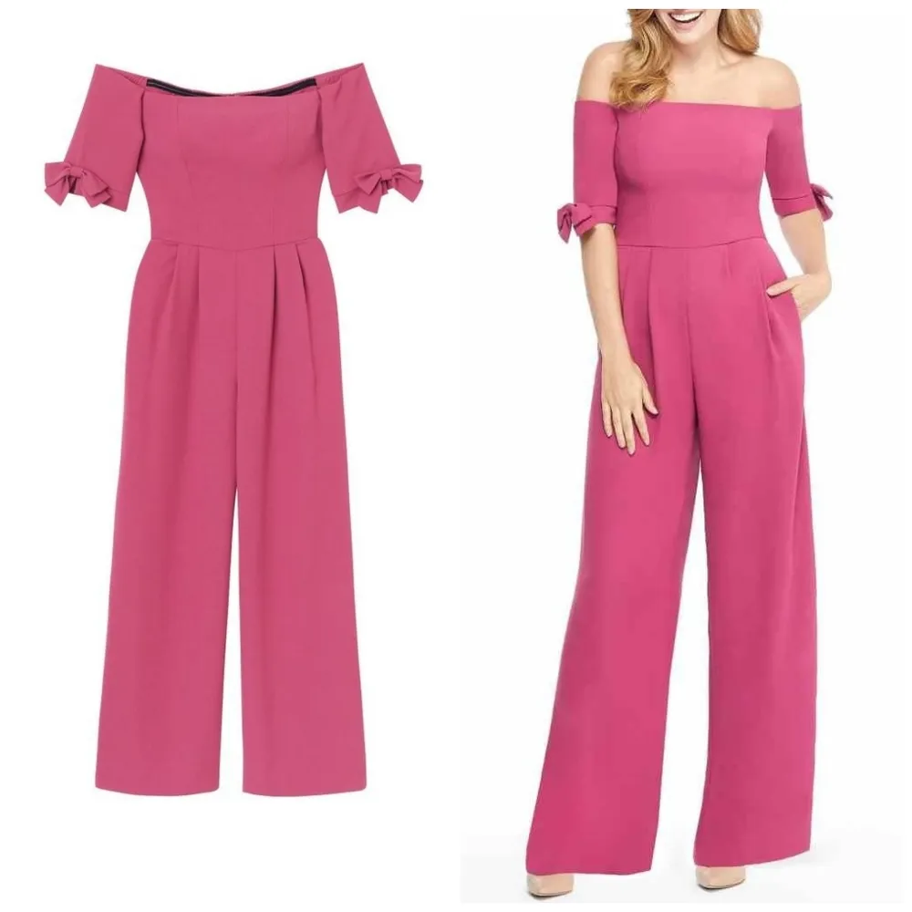 Gal Meets Glam Meredith Crepe Off the Shoulder Pink Jumpsuit - Image 7
