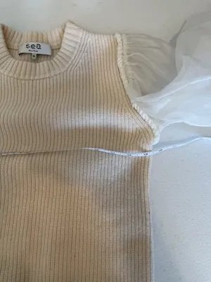 SEA New York Wool Sweater M Sheer Silk Organza Sleeve Pullover Ivory‎ Top Size M - Image 9