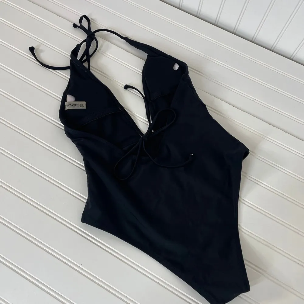 Zaful Black Plunged Neck Halter High Cut One Piece Swimsuit Size 4 - Image 3