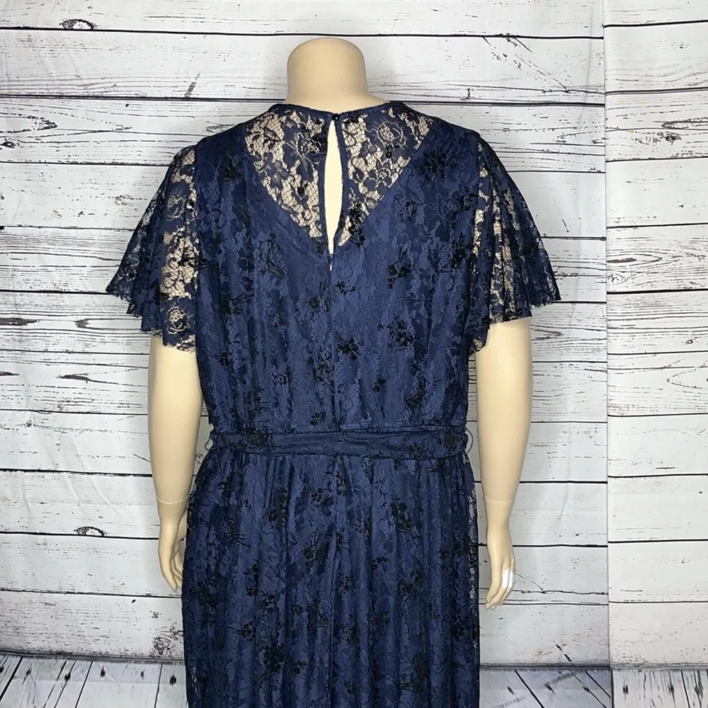 Lane Bryant NWT Sz 26 Blue Lace - Black Floral Flocked Velvet Dress w/ Tie Belt - Image 5