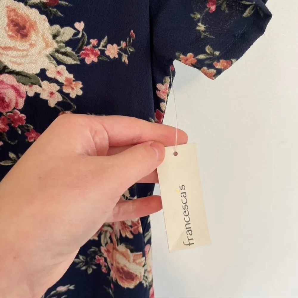 NEW NWT BLUE RAIN FRANCESCA'S Navy Blue Pink Cream Floral Ruffle Shift Dress M Size M - Image 5