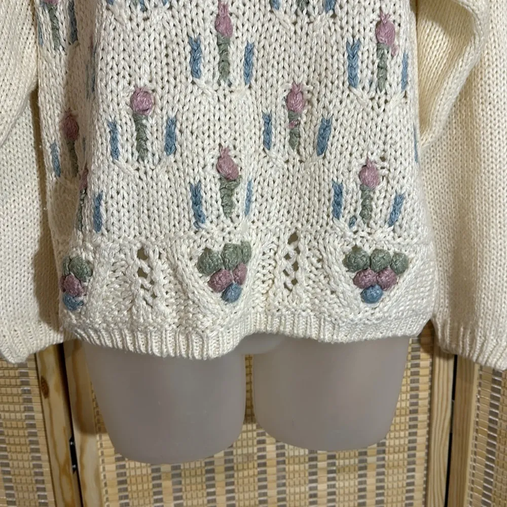 Cabin Creek Vintage 1990s Y2K Cream Embroidered Loose Knit Sweater Small - Image 8