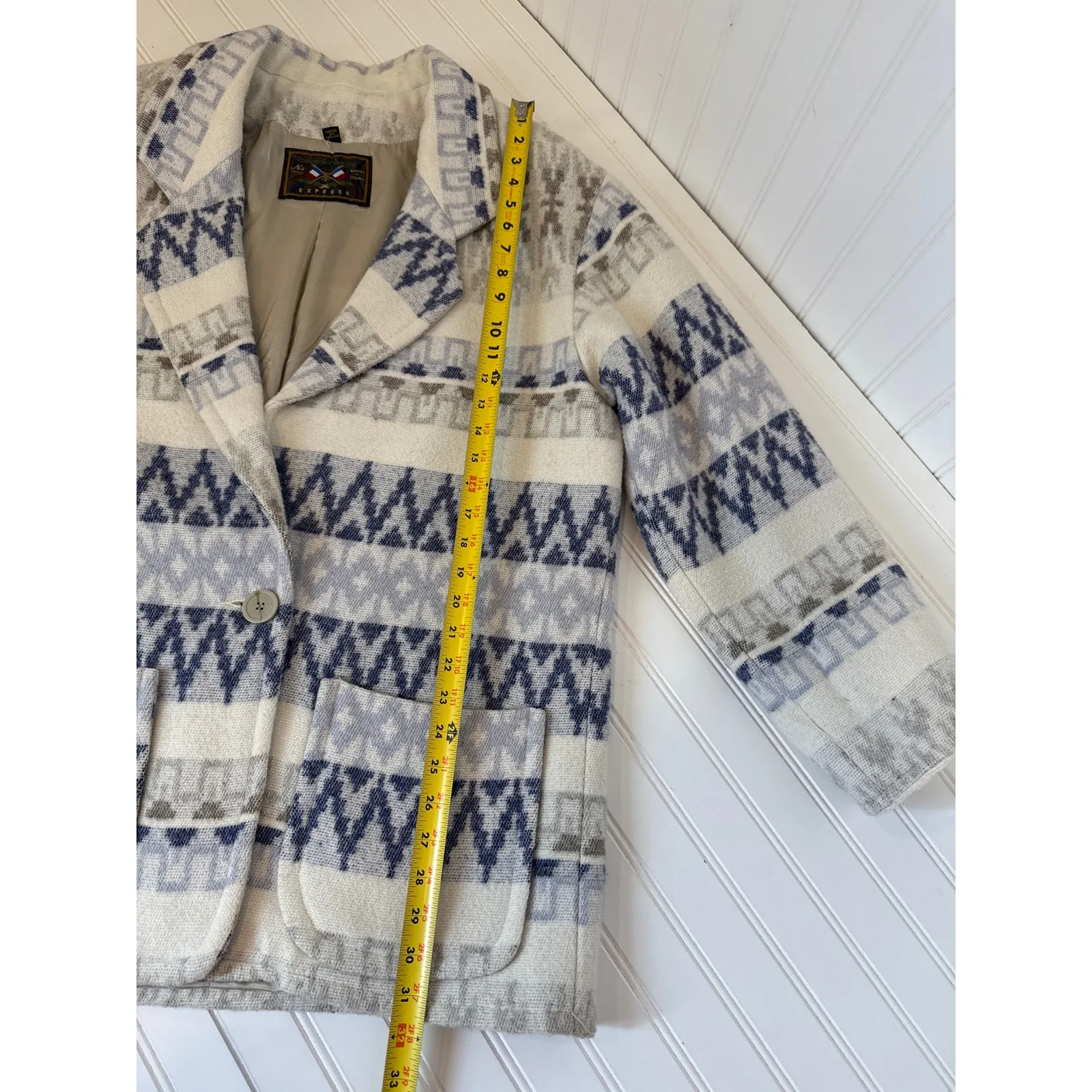 Vintage 90s Womens Express Aztec Western Cowgirl Hippie Blue Wool Jacket Sz M - Image 4