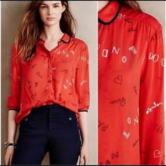 ANTHROPOLOGIE Maeve Paris London Cherry Red button up shirt size 4 - Image 2