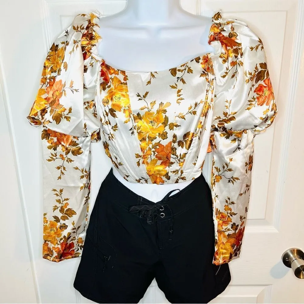 Red Dress Gently Love Ivory Floral Print Crop Top Puff Sleeves White Rust L - Image 5