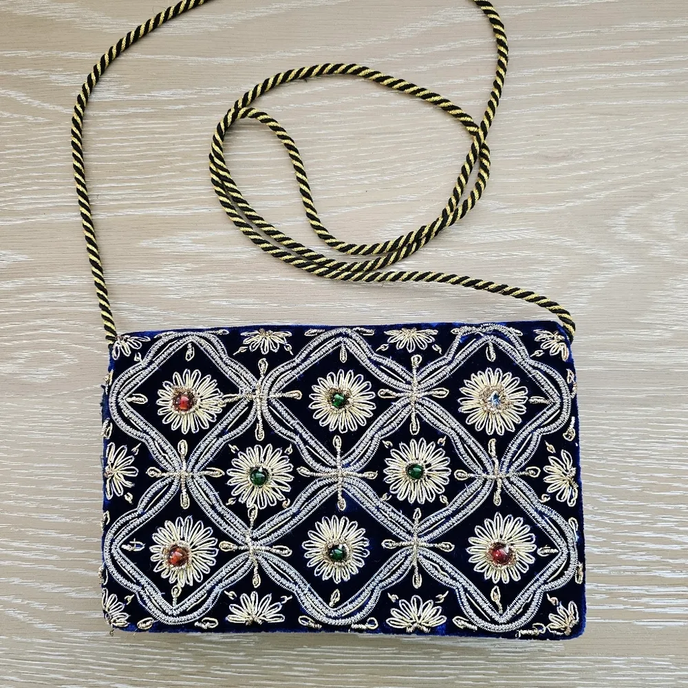 Vintage Blue Velvet Clutch Crossbody Purse with Zardozi Embroidery & Bead - Image 2