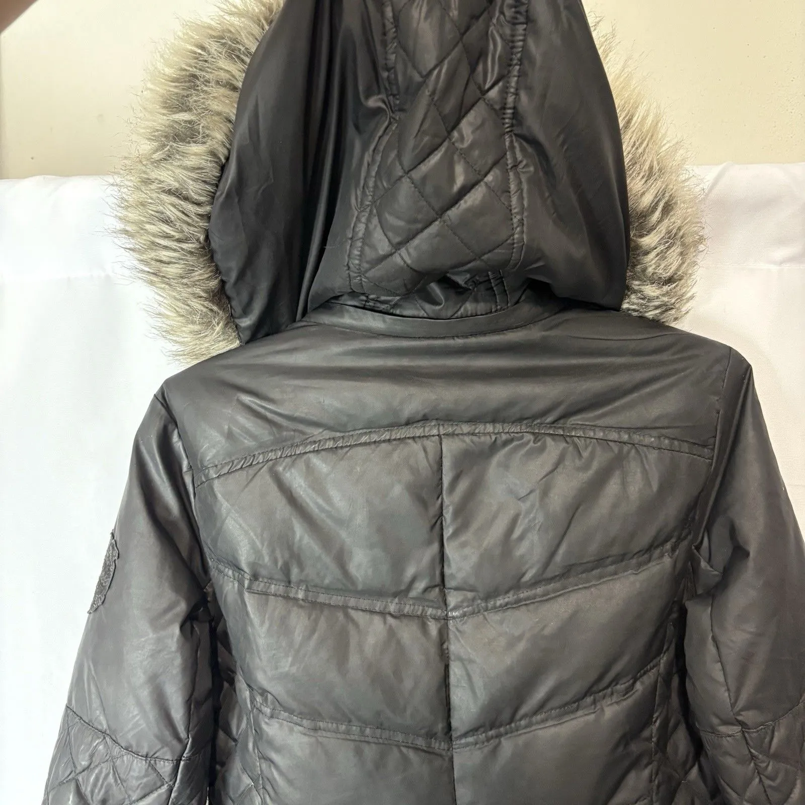 GUESS Puffer Black Quilted Jacket Size S Women's Full Zip Hooded Down Faux Fur - Image 9