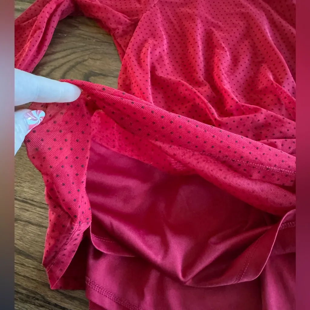 Red Black Polka Dot Sheer Long Sleeve Scoop Neck Faux Wrap smocked Lily White L - Image 6